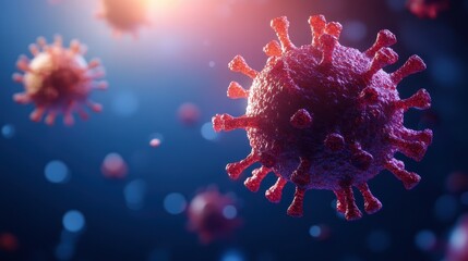 Close-up of virus particles with protruding spikes against a softly lit, blurred blue background.