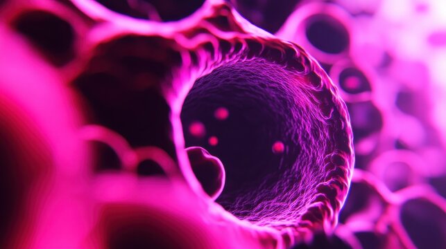 A close-up of a hollow tube-like structure in vibrant pink and purple, resembling a blood vessel or cellular formation.