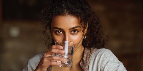 Young hispanic female drinking water indoors with intense expression