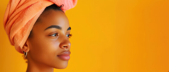 Young black woman with orange towel on head