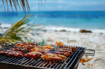 Barbecue grill cooking fresh meat skewers on beach