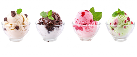 A display of four ice cream scoops in clear glass bowls. featuring chocolate. strawberry. mint. and vanilla flavors. garnished with mint leaves. with scattered chocolate chips and wafers in the backgr