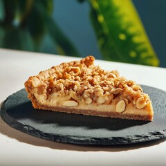 Slice of nut pie with golden crust, filled with assorted nuts, served on black slate plate, closeup, natural light, delicious and inviting dessert presentation