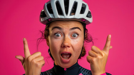Female cyclist with shock expression pointing up