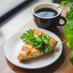 Slice of savory pie with parsley garnish on white plate, black coffee cup on wooden cafe table, morning light, cozy atmosphere, fresh and inviting breakfast scene