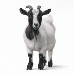Fototapeta premium Adorable young goat with black and white fur standing on white background
