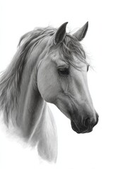 Elegant grey horse portrait with flowing mane on white background
