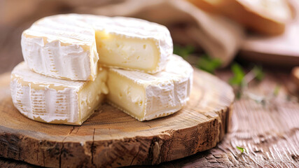 Camembert cheese wheels on rustic wooden board