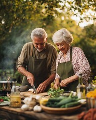 Senior couple cooking together outdoors soft natural light happy mood fresh vegetables green aprons wooden table garden setting healthy lifestyle teamwork
