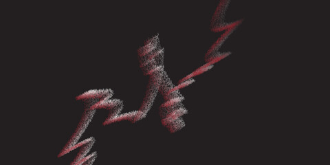 A dark, abstract digital background featuring a stylized, jagged, and fractured lightning bolt or energetic current, composed of numerous fine, scattered, and faintly glowing particles or short stroke