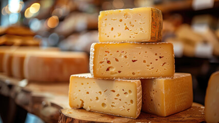 Stacked cheese wedges displaying holes on market stall