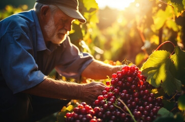 Senior farmer harvesting red grapes in vineyard at sunset
