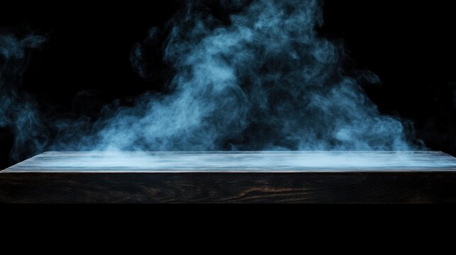 A wooden table is shrouded in a dark, smoky atmosphere, accented by swirling blue-gray fog above it for an ethereal ambiance.