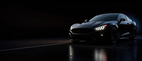 Modern black sports car emerging from darkness