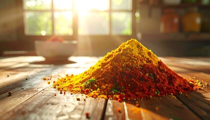 Pile of spices on a wooden table