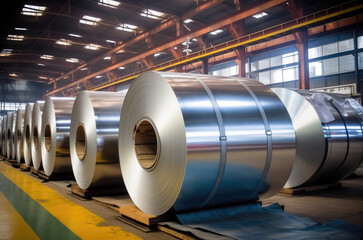 Steel coils rolls in a large factory warehouse