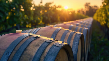 Wine barrels aging in vineyard at sunset