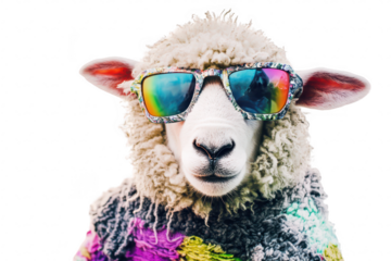 A cool sheep wearing colorful sunglasses and a sweater poses against a white background. a playful and trendy vibe. ideal for fun animal-themed content or marketing