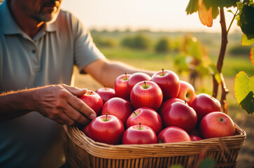 Farmer harvesting fresh red apples in orchard during sunset