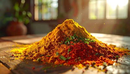 Pile of spices on a wooden table