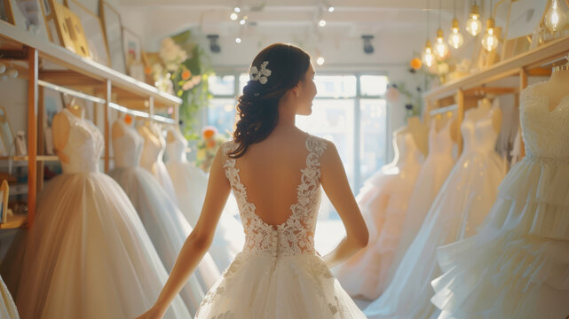 Bride trying on wedding dress in bridal shop - Powered by Adobe
