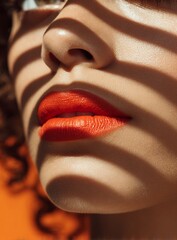 Lips bright red, striped shadow covers face in close-up, orange background