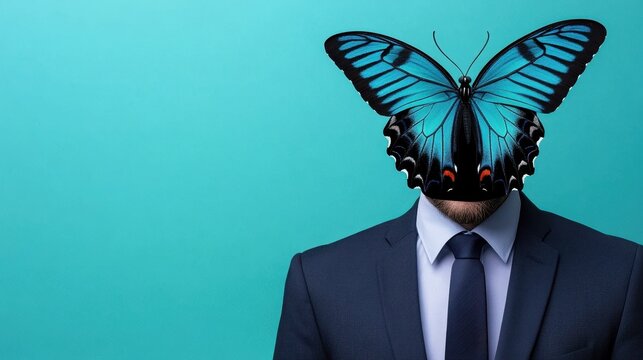 A suited figure with a large blue butterfly in place of the head stands against a turquoise background, evoking a surreal and artistic feel.