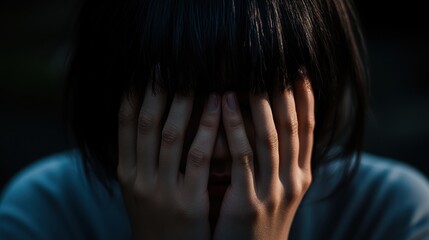 Fototapeta premium A person with short, dark hair obscures their face with both hands in a dimly lit background, expressing distress and sadness.