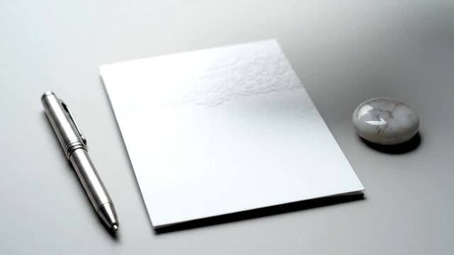 A hand holds white embossed stationery, alongside a pen and a smooth stone