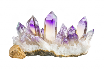 A stunning arrangement of amethyst crystals their purple hues and sharp points. set against a clean white background. perfect for use in educational materials or decor