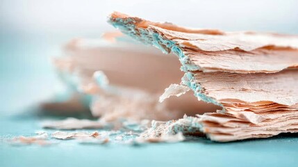 Close-up of torn, layered paper with delicate blue edges, set against a soft, light blue background with gentle lighting.