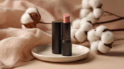 Lipstick tube and cotton plants in soft focus