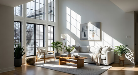 Fototapeta premium Modern living room interior with white furniture and contemporary design
