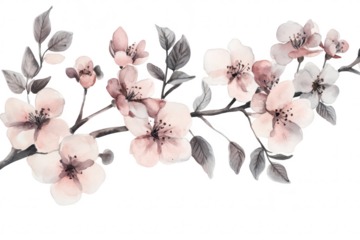 A delicate watercolor illustration of cherry blossom branches adorned with soft pink and white flowers. set against a clean white background. ideal for spring-themed designs and floral decor