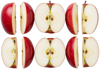 Freshly cut red apples arranged symmetrically, perfect for healthy eating campaigns and vibrant food blog designs, offering a crisp and refreshing feel with a natural appeal.