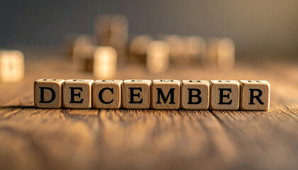 Cubes with word December on wooden surface, winter season month, softly blurred background.