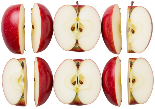Freshly cut red apples arranged symmetrically, perfect for healthy eating campaigns and vibrant food blog designs, offering a crisp and refreshing feel with a natural appeal.