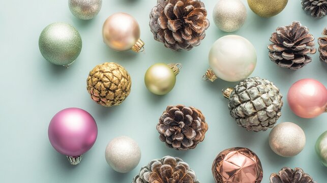 The flat layout showcases a series of brightly colored decorative Christmas ornaments, natural pine cones, and seasonal foliage, arranged against a soft background, leaving ample space for text.