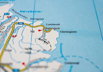 Naklejka premium Close up detailed map of Iceland showing Bakkagerði and Glettinganes area in the east coast.