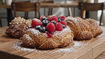 Delicious pastries with fresh berries, chocolate, and nuts on a wooden board in a cozy cafe setting. - Powered by Adobe