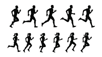 Running People Silhouettes Set: Male and Female Athletes in Motion Sequence. Sprinter Stride Cycles. Vector Illustration for Sport, Fitness, and Animation Design.