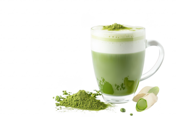 A refreshing glass of matcha latte topped with frothy foam sits on a clean surface. surrounded by matcha powder and bamboo whisk. creating a serene atmosphere perfect for wellness and relaxation