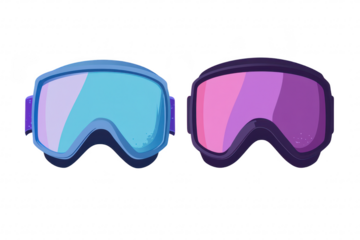 A illustration of two stylish ski goggles. one with a blue lens and the other with a purple lens. set against a clean white background. ideal for winter sports promotions or accessories