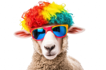 A playful sheep sporting a rainbow wig and stylish sunglasses. posing against a clean white background. perfect for creative projects or fun animal-themed content