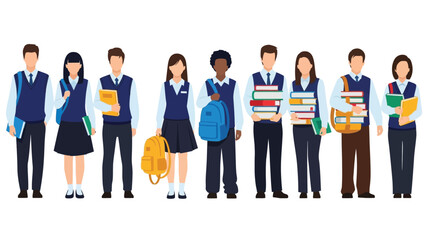 Obraz premium Diverse Group of Students in School Uniforms Holding Books and Backpacks - Education Vector Illustration