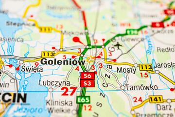 Naklejka premium Macro map detail highlighting Goleniow and surrounding routes near Szczecin Poland.