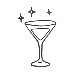 A minimal hand-drawn martini glass with sparkles above it, conveying a festive, celebratory mood in a simple doodle style.