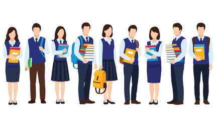 Fototapeta premium Group of Students in School Uniforms Holding Books and Backpacks. Back to School Concept Vector Illustration