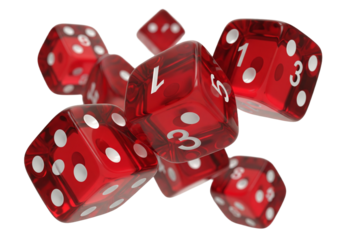 Vibrant red dice tumbling in mid-air, inviting games of chance and strategic decisions, perfect for gaming companies, educational materials, and fun-filled marketing campaigns
