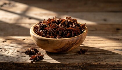 Star anise in wooden bowl overhead shot